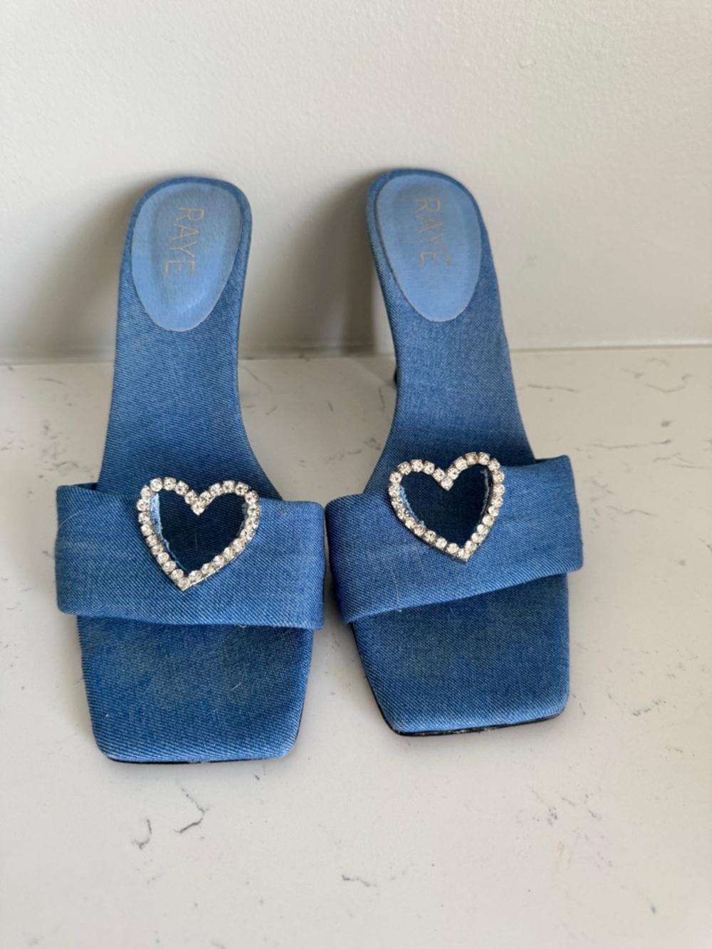 RAYE Denim Blue Rhinestone Heart Slide Mules